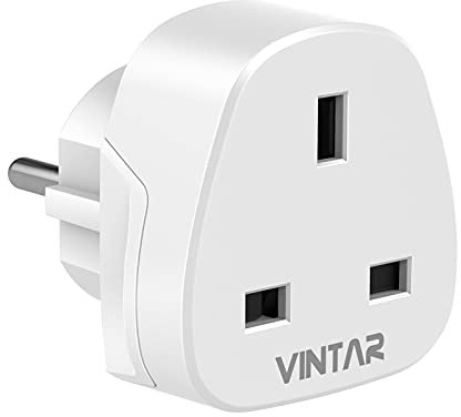 VINTAR UK to European Plug Adapter,Grounded 3 Pin to 2 Pin EU Euro Europe Schuko Travel Adaptor for France Germany Spain Turkey Greece Russia and More(Type E/F), 1 Pack White