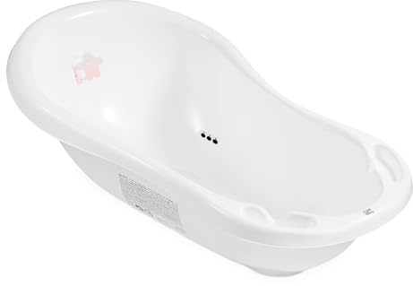 Hylat Baby Friends Blanc Baignoire Bébé avec Bouchon de Vidange et Thermomètre Vaignoire Antidérapante pour nouveau-nés et bébés jusqu'à 12 mois, en plastique sans BPA, Baignoire pour Enfants