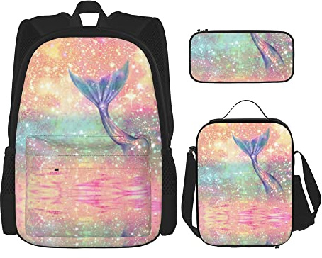 Schulrucksack-Sets, 3-teilig, für Studenten, Teenager (Magic Tail Glitter Pink Mermaid), Büchertasche + Lunchpaket + Federmäppchen, süße College-Arbeits-Fitnessstudio, Wandern, Angeln, Computertasch