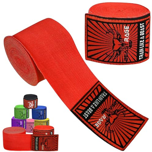 BEAST RAGE Boxbandagen für Herren, Schutz, MMA-Unterstützung, Innenhandschuhe, Kampfsport, Kampfsport, Muay Thai, unter den Handschuhen, 4,5 m, elastische Bandagen (Rot, 4.5 M)