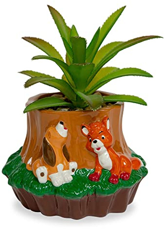 Disney The Fox and The Hound Keramik-Mini-Pflanzgefäß mit künstlichen Sukkulenten, niedlicher kleiner Blumentopf, künstliche Zimmerpflanzen, 10,2 cm