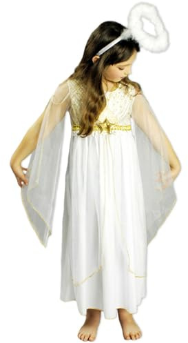 Funny Fashion Kinder Engelskostüm Lucia Weiß Gold - Christkind Kostümkleid mit Sternen 152