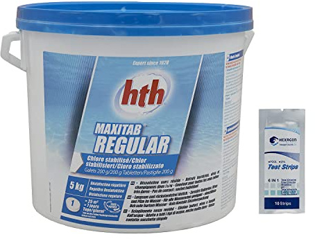HTH MAXITAB Regular Galet 200g - 5kg | Chlore Lent Stabilisé - Désinfection Régulière - Dissolution Lente + 10 Tests HPS OFFERTS 6 en 1