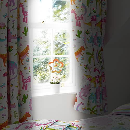 Happy Linen Company Girls Daisy Dino Dino Purple 66 x 54 Ring Track Pole Fully Lined Thermal Blackout Pencil Pleat Curtain Set