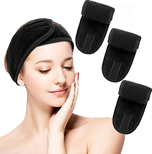 Sibba 3 Pack Spa Stirnband, Für Gesichtswäsche, Gesichtsschlaufe, Schwarz | Verstellbar, Make-up, Schönheit, Yoga, Selbstklebendes Handtuch