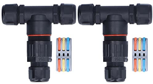 Tomotato Waterproof Junction Box Connector, 3 Way T Shape Outdoor Cable Connector with Brass Contacts, Flame Retardant Nylon for Garden and Landscape Lights