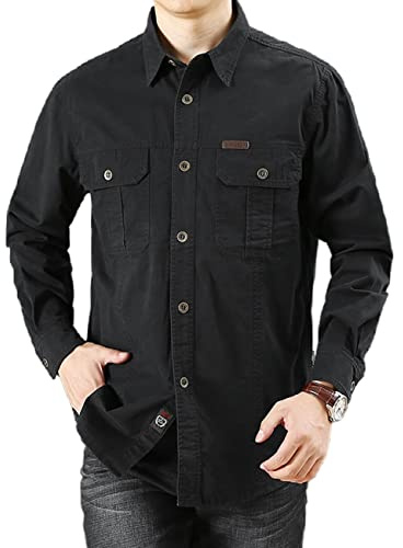 FAWHEWX Camicia da Uomo con Bottoni in Cotone Lavato Giacca Casual a Maniche Lunghe Camicia da Uomo a Maniche Lunghe con Due Tasche vestibilità Regolare Camicia Casual a Maniche(Un nero/6XL)