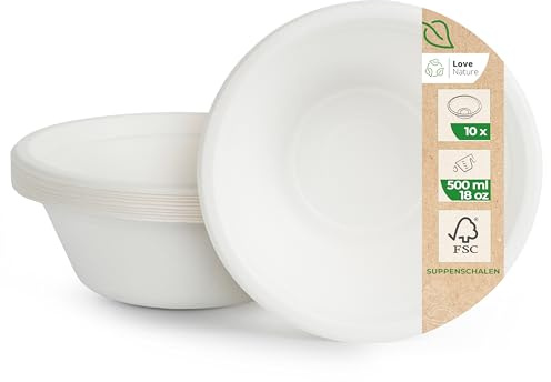 Love Nature Suppenschalen Einweg aus Zuckerrohr (500ml - 10 Stück) | Einwegschalen Kompostierbar Ökologische Suppenteller Einweg für Party und Picknick