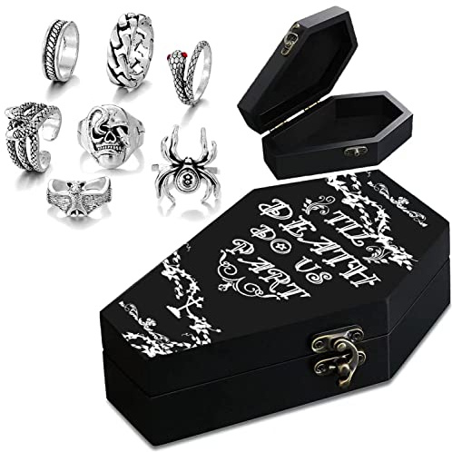 ZXPJUA Wooden Coffin Ring Box, Gothic Jewelry Organizer with Lock - Comes with 7 Vintage Spider Bat Rings, Halloween Wedding Decorations. (Goth black)
