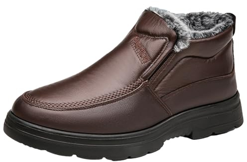 Men's Leather Warm Fur Lined Slip On Snow Boots Winter Hand Stitching Low Top Anti-Slip Outdoor Water Resistant Sneakers Boots Lightweight Casual Walking Loafers Shoes (Brown,12.5)