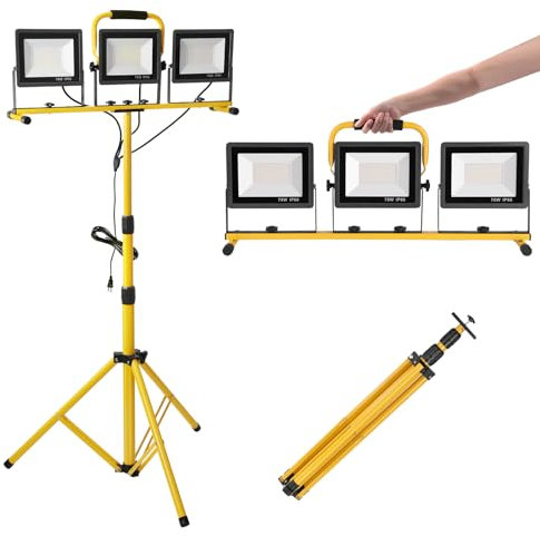Yofuly 3 × 70W Faretto LED da Cantiere, 21,000 Lumen Lampada da Lavoro Faro IP66 con Impermeabilecon 3 Teste e Altezza Regolabile Treppiede Proiettore LED per Cantiere, Riparazione, Campeggio