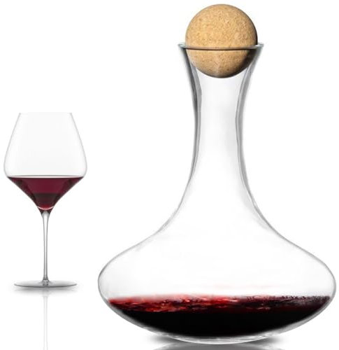 BAKAJI Decanter In Vetro Soffiato Per Vino Capacità 1,1 LT Protezione e Trattiene Sapore Con Tappo in Sughero Naturale Aeratore Decantatore per Rosso