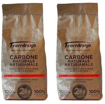 FEUERDESIGN - 2 Sacchi di Carbone naturale da 2 Kg Antiche Carbonaie, da 100% legno di leccio italiano prodotto artigianalmente a cottura lenta nella carbonaia secondo l'antica tradizione Fenicia.