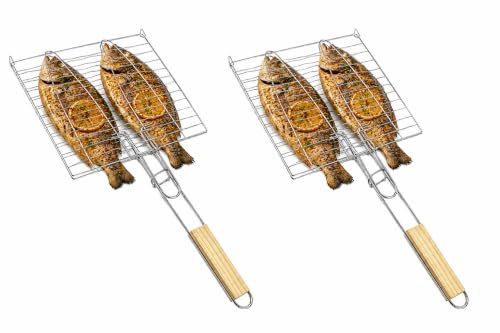 Fischbräter 2er Set mit Holzgriff 23,5 x 23,5 cm – Fischkorb Grillkorb Fischhalter für Forelle, Lachs und Garnelen – Grillzange mit Klammer für BBQ, Camping & Grillzubehör