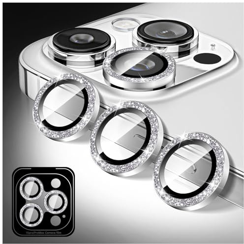 Kucheed Bling Camera Lens Protector Compatible for iPhone 15 Pro/15 Pro Max, Glitter Tempered Glass Camera Cover Film Stickers, Sparkling Automatic Alignment Individual Metal Rings Phone Accessories