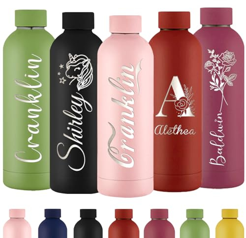 Personalisierte Trinkflasche Gravur Wasserflasche mit Namen Individuell Rostfreier Edelstahl Metall 500 ml Thermosflasche für Schule Büro Sport
