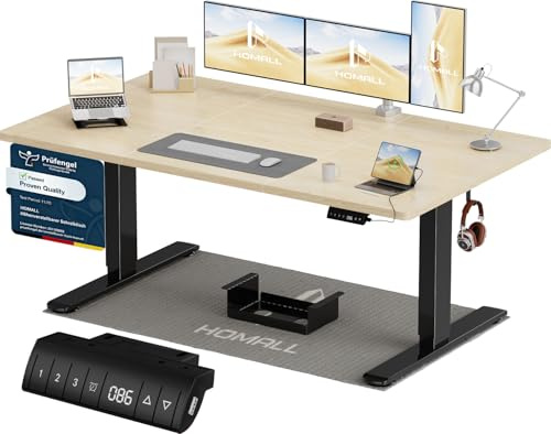 Homall Höhenverstellbarer Schreibtisch 140x70cm mit USB-A Ladeanschluss, Elektrischer Schreibtisch mit Kabel Management Tray, Standing Desk mit 3 Memory Funktion, Computertisch Beige+Schwarz