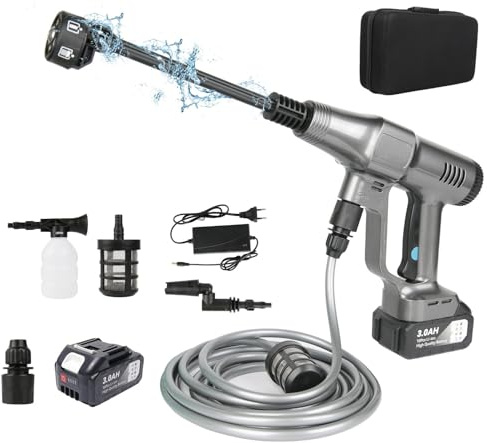 Hidrolimpiadora Bateria, 3 Niveles Máx 200 Bar Hidrolimpiadora Portátil con de 1X 15000mAh Bateria, Manguera de 5M, Boquilla Ajustable 6 en 1, Jarra de Espuma, de para Terraza, Jardín Limpieza