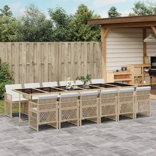 Homgoday 13-TLG. Garten-Essgruppe mit Kissen Gartenmöbel Set Balkonmöbel Sitzgruppe Stühle mit Tisch, Gartenstuhl Gartentisch Terrassenmöbel, Gartengarnitur Beige Poly Rattan