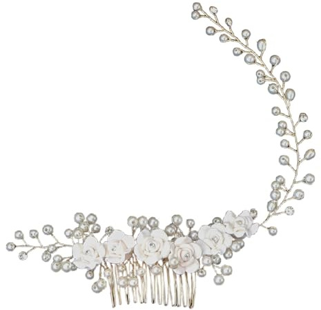 Blume Haarkamm mit Perlen und Strassbesatz,Braut Kopfschmuck,Kommunion Kopfbedeckung,Brautschmuck Haare,Hair Accessories für Braut und Brautjungfern,Abschlussball,Valentinstag,Party,Gold