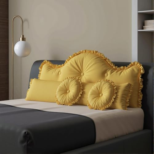 Kissen Bett Rückenkissen, Lesekissen für Bett und Sofa mit Nackenkissen und 2 runden Kissen, großes Keilkissen mit waschbarem Bezug, rückenkissen für Ideal zum Anlehnen im Bett | Sofa-Rückenlehnenkissen, europäisches Kopfteilkissen mit 1 Packung Nackenrolle und 2 runden Kissen, abnehmbarer Bezug, Gelb