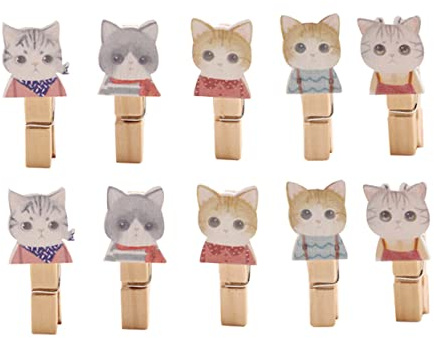 Garneck Clip in Legno Naturale Piccoli Decorativi a Forma di Gatto, Mollette per Foto e Cartelle con Corda da 1,2 M, Set da 10 Pezzi per Decorazioni Parete e Esposizioni Fotografiche