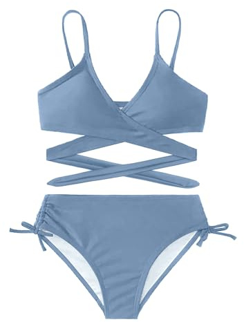 Arshiner Filles Maillots de Bain Bikini Set Maillot de Bain Deux pièces Enfants Criss Cross Bustier & Slip Bikini Triangle Sets pour Enfants Gris Bleu 150 11-12 Ans