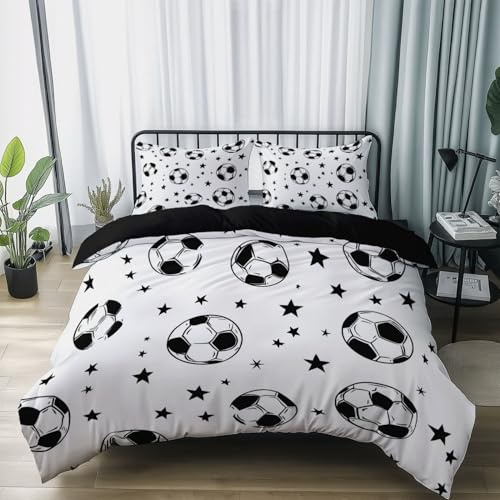Funda Nórdica Reversible Estrella De Fútbol De Dibujos Animados Simple Tema, Ropa de Cama de Verano 240 x 260 cm con 2 Fundas de Almohada, Fundas Nórdicas Transpirable Microfibra, Negro