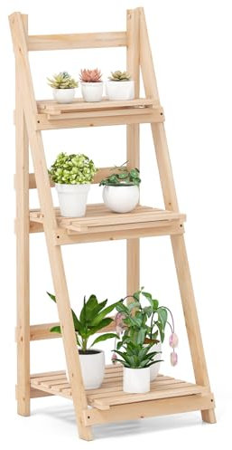 COSTWAY 3 Tier Wooden Plant Stand, Folding Ladder Plant Shelf Flower Stand, Indoor Outdoor Flower Pots Holder Display Rack for Home Garden Patio Balcony (Natural, 41 x 41 x 108 cm)