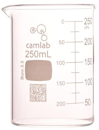Camlab Graduated 3,3 Borosilicate Glass Low Form Beaker, With Spout, Griffin Beaker, Chemically Resistant and Heat Resistant, 250ml Glass Beaker, Pack of 1