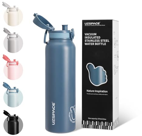 UZSPACE Stainless Steel Water Bottle 1l (970ml) - Double-Walled Insulated Water Bottles that Keep Drinks Cold & Hot - Leakproof Drinking Bottles for Adults - Ideal for Outdoors & Sports Slate Blue