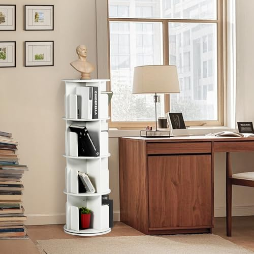 HOMYLIN Drehbares Bücherregal, 360-Grad-Drehung, 4-stöckiges Lagerregal für Heimbüro, Arbeitszimmer, Weiß