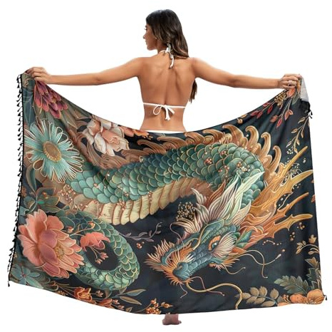 Grön drake vintage kinesiska blommor damer saronger, sommar baddräkt sarong lång, stor, Grön drake vintage kinesiska blommor, L