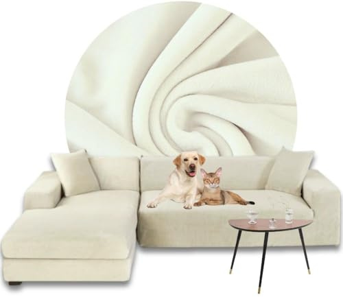 Domidekor Sofa Überzug L-Form – Elastischer Samt Couchbezug, Weich und Wasserdicht – Couch Überzug für 2/3 Sitzer, Universal Sofaüberwurfe mit Anti-Rutsch-Schaumstoffe, Creme, Links