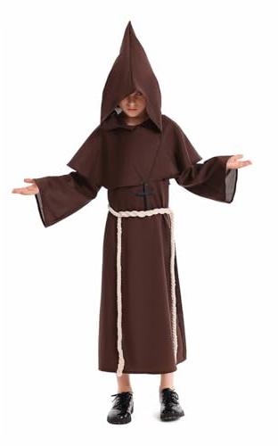 Costume de moine médiéval de la Renaissance pour garçons – Cape noire à capuche – Robe à capuche et collier avec ceinture (marron, 10 à 12 ans)