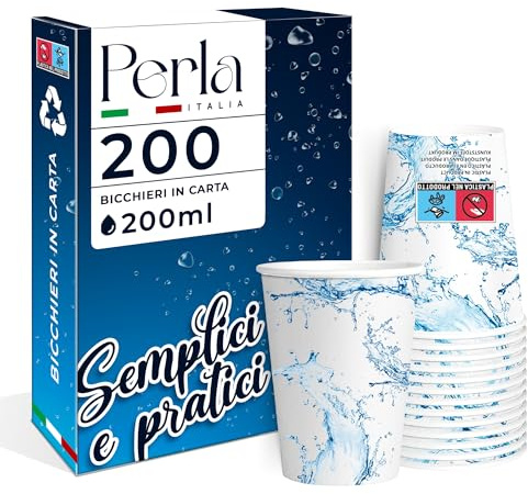 Perla Italia 200 Bicchieri Carta 200ml per Acqua e Bevande Calde – Monouso | Carta alta qualità, Ecologici, Riciclabili, Rivestimento impermeabile, Perfetti per feste, Adatto a Bevande Fredde e Calde