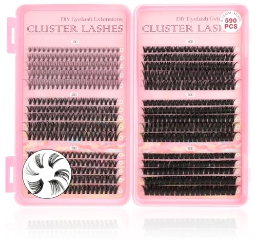 Parriparri Wimpern Extensions 590 Stück 20D+40D+50D+60D+80D+100D D Curl | 8-16mm Lashes Cluster, Wiederverwendbare Einzelne Wimpern für Natürlichen & Dramatischen Look, DIY Zu Hause