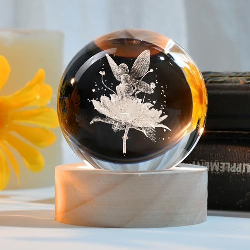 ZRENJHUS 3D Fairy Crystal Ball 60mm Glass Fairy with Flower Night Light Gifts for Girl Women with Light Base