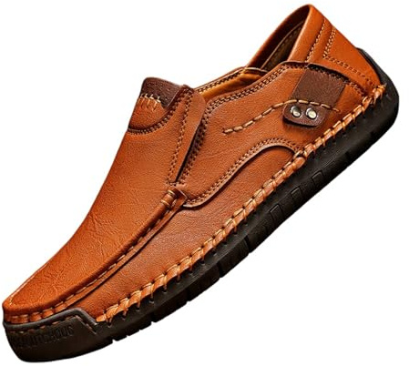 VVAULT Mocasines cómodos para hombre, hechos a mano, de piel, planos, sin cordones, puntera ancha, para caminar, de piel, antideslizantes, para conducir, marrón claro, 42 EU