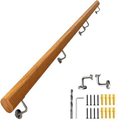 Kit échelle en bois avec supports en acier inoxydable, montage mural, utilisation en intérieur, garde-corps de support de 350 cm, parfait pour la décoration de la maison et solutions peu encombrantes