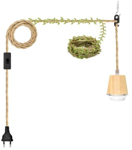 ZRLXFM Hanfseil Pendelleuchte mit Schalter und Stecker, Lampenfassung E27 mit 5M Textilkabe, Holzfarbe Retro Industrie Hängendelampe Kit Mit einer 5M langen dekorativen Kordel in Grün
