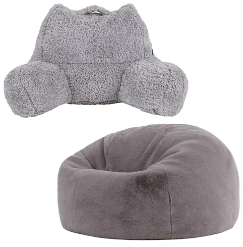 Icon Kingston Kunstfell Sitzsack mit Lesekissen, Hellgrau, Sitzsack Erwachsene mit Füllung, Lesekissen Flauschig, Rückenstütze mit Tragegriff, Bean Bag, Lounge Sessel, Schlafzimmer, Wohnzimmer