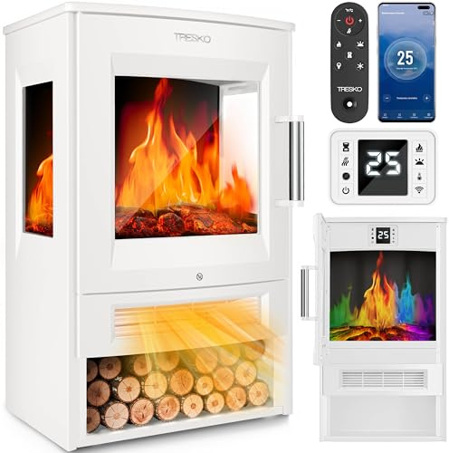 TRESKO® Elektrokamin mit Heizung inkl. Fernbedienung & WiFi App | Kamin elektrisch 1800W LED-Flammeneffekt Farbmodi | Kaminfeuer Thermostat, Timer | Elektro Kaminofen Standkamin 2 Heizstufen (Weiß)