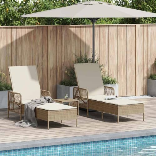 Frdhee Tumbona de jardín, tumbona de relajación, tumbona de playa, sillón de relax, tumbona para balcón, tumbona con cojín, 2 unidades, beige, 35 x 35 x 32 cm, polirratán, para camping, viajes, fácil
