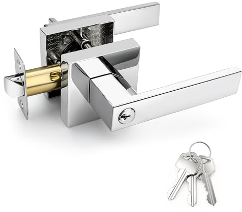 Brotima Polished Chrome Entry Door Lever,Modern Square Keyed Entry Door Handle with Adjustable Latch (60/70mm Backset),Stainless Steel Exterior Entrance Door Handles for Front Doors & Home Entry