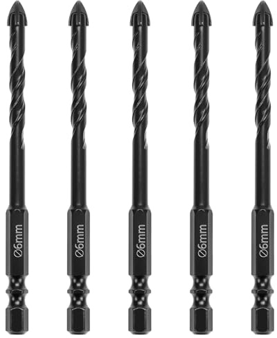 QWORK® Juego de 5 Brocas Porcelanico de 6mm – Punta de Carburo de Tungsteno Reforzada para Azulejos, Vidrio, Ladrillo y Madera – Vástago Hexagonal de 1/4, Negro