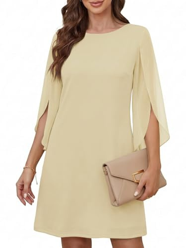 Cicy Bell Vestido de cóctel para mujer, cuello redondo, elegante, de malla, manga 3/4, monocolor, informal, vestido de verano