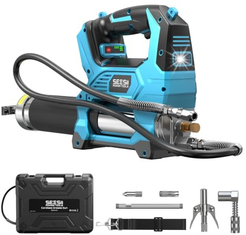 Seesii 12000PSI Akku Fettpresse kompatibel mit Makita 18V Akku (ohne Akku) | 3 Geschwindigkeiten, Bürstenlosem Motor, 3 Mundstück, 1.2m langem Schlauch, 90-Grad-Adapter, LED-Leuchte