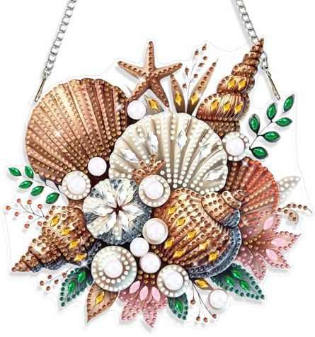 GHHKUD Muschel Diamond Painting Fensterbilder Beidseitige, Sommer Diamond Painting Anhänger mit Kette, Diamant Malerei Bilder Kristall Fensterbilder Wandbehang Kits für Eingang und Fenster Deko
