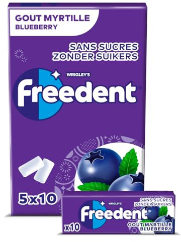 FREEDENT - Chewing Gum Sans Sucre - Goût Myrtilles - 5 Paquets de 10 Dragées - 70g